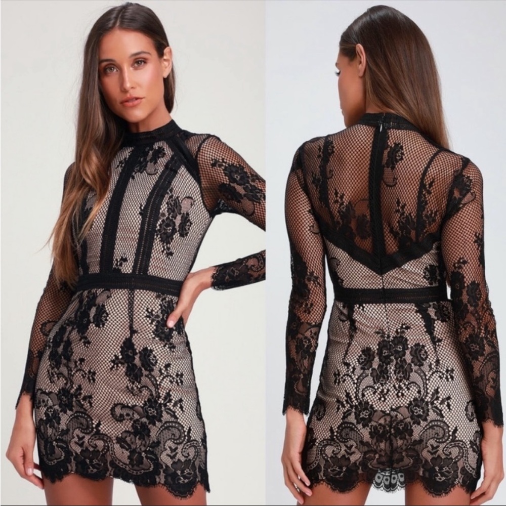 NWOT Lulu’s Ryse Samson Nude and Black Lace Bodycon Mini Dress